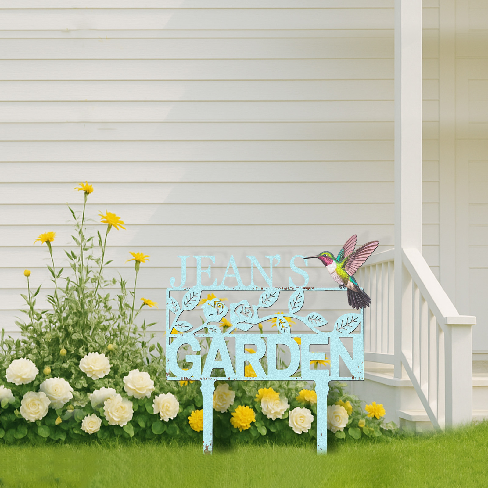 Personalized Garden Sign with Hummingbird and Flowers, Custom Metal Name Sign, Vintage Blue Garden Stake for Yard Decor, Floral Garden Name Plaque for Outside