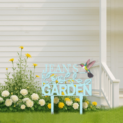Personalized Garden Sign with Hummingbird and Flowers, Custom Metal Name Sign, Vintage Blue Garden Stake for Yard Decor, Floral Garden Name Plaque for Outside