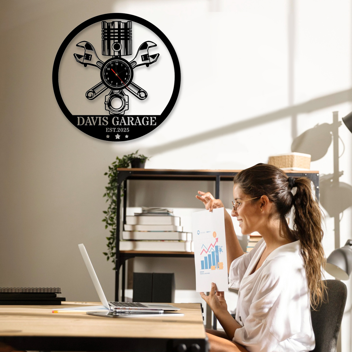 Personalized Garage Metal Wall Clock with Custom Name and EST Year, Mechanic Piston and Wrench Design, Silent Industrial Workshop Decor