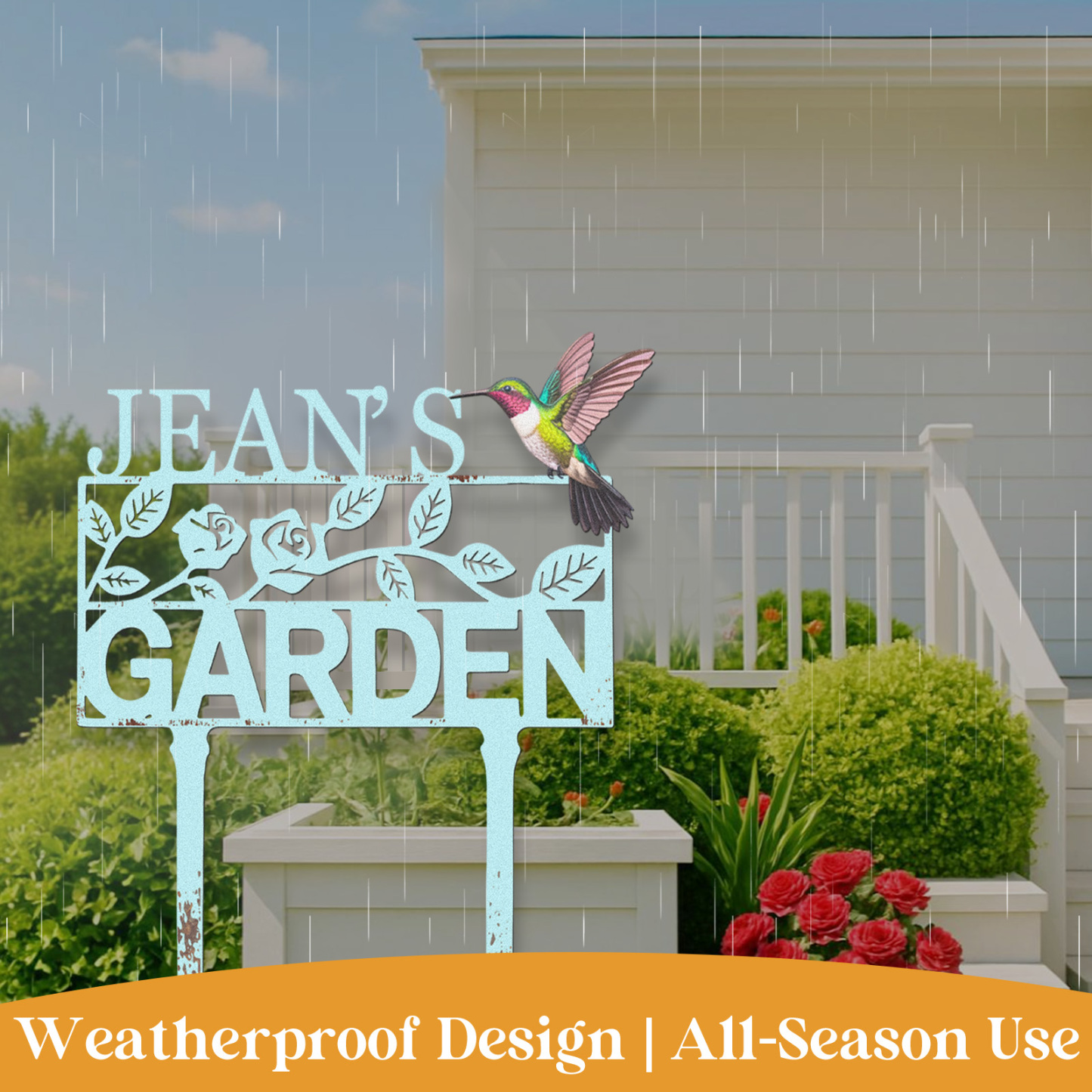 Personalized Garden Sign with Hummingbird and Flowers, Custom Metal Name Sign, Vintage Blue Garden Stake for Yard Decor, Floral Garden Name Plaque for Outside