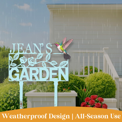 Personalized Garden Sign with Hummingbird and Flowers, Custom Metal Name Sign, Vintage Blue Garden Stake for Yard Decor, Floral Garden Name Plaque for Outside