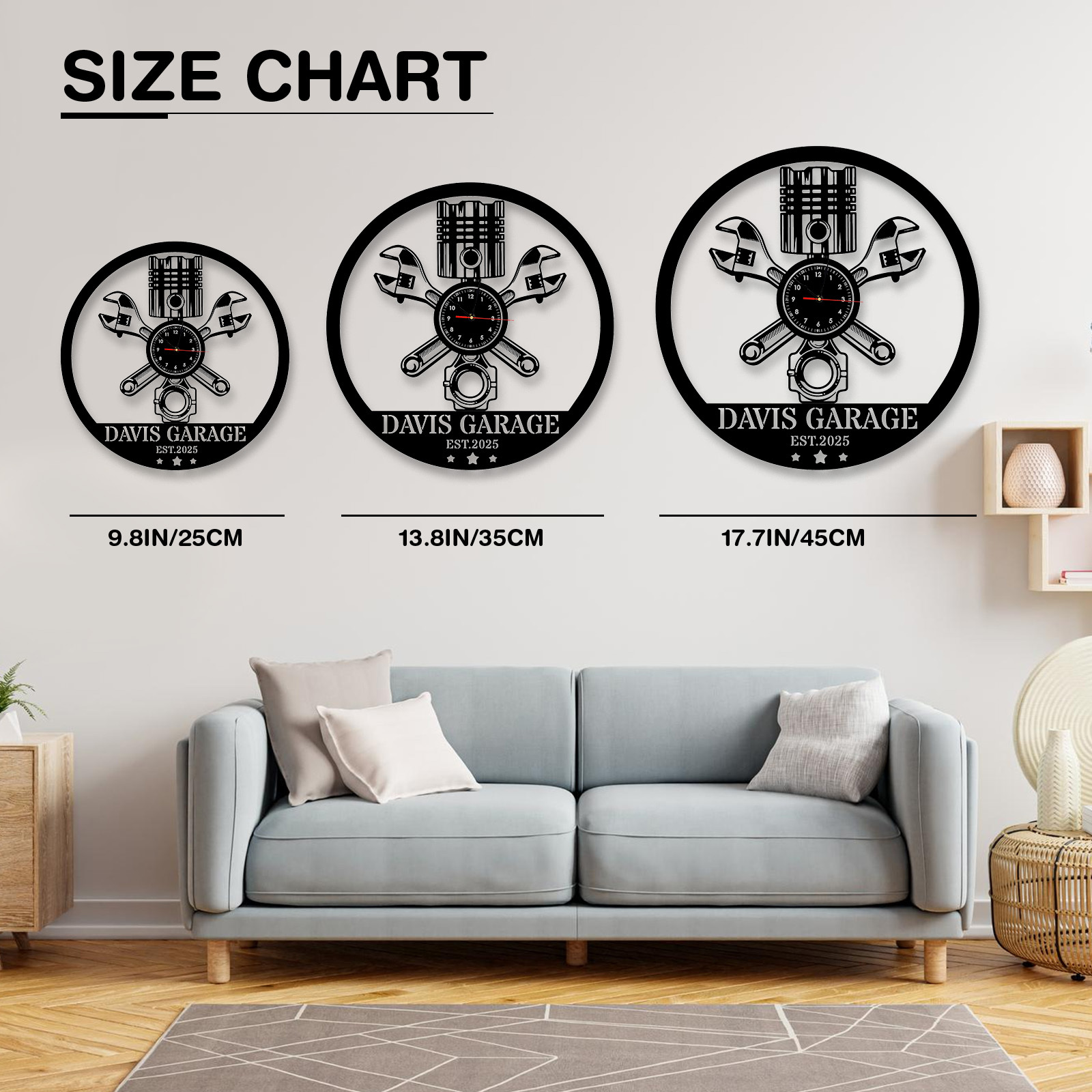 Personalized Garage Metal Wall Clock with Custom Name and EST Year, Mechanic Piston and Wrench Design, Silent Industrial Workshop Decor