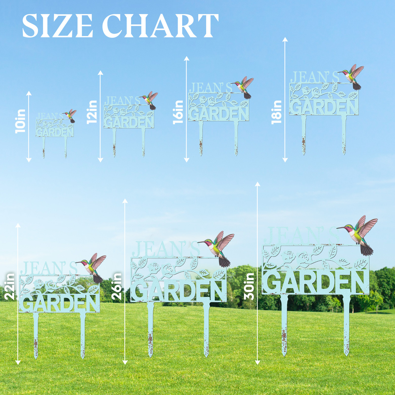 Personalized Garden Sign with Hummingbird and Flowers, Custom Metal Name Sign, Vintage Blue Garden Stake for Yard Decor, Floral Garden Name Plaque for Outside