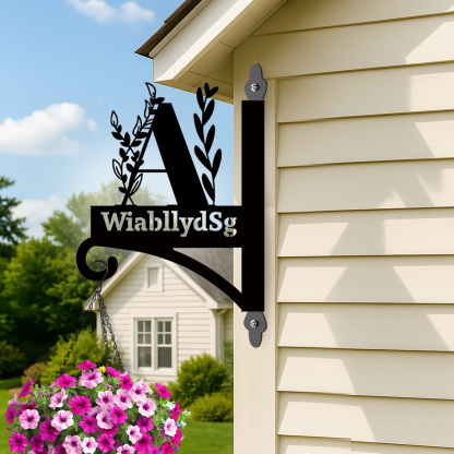 Personalized Monogram Wall Plant Hanger, Custom Metal Initial Letter Hook with Leaves Design, Outdoor Indoor Decorative Bracket with Custom Name