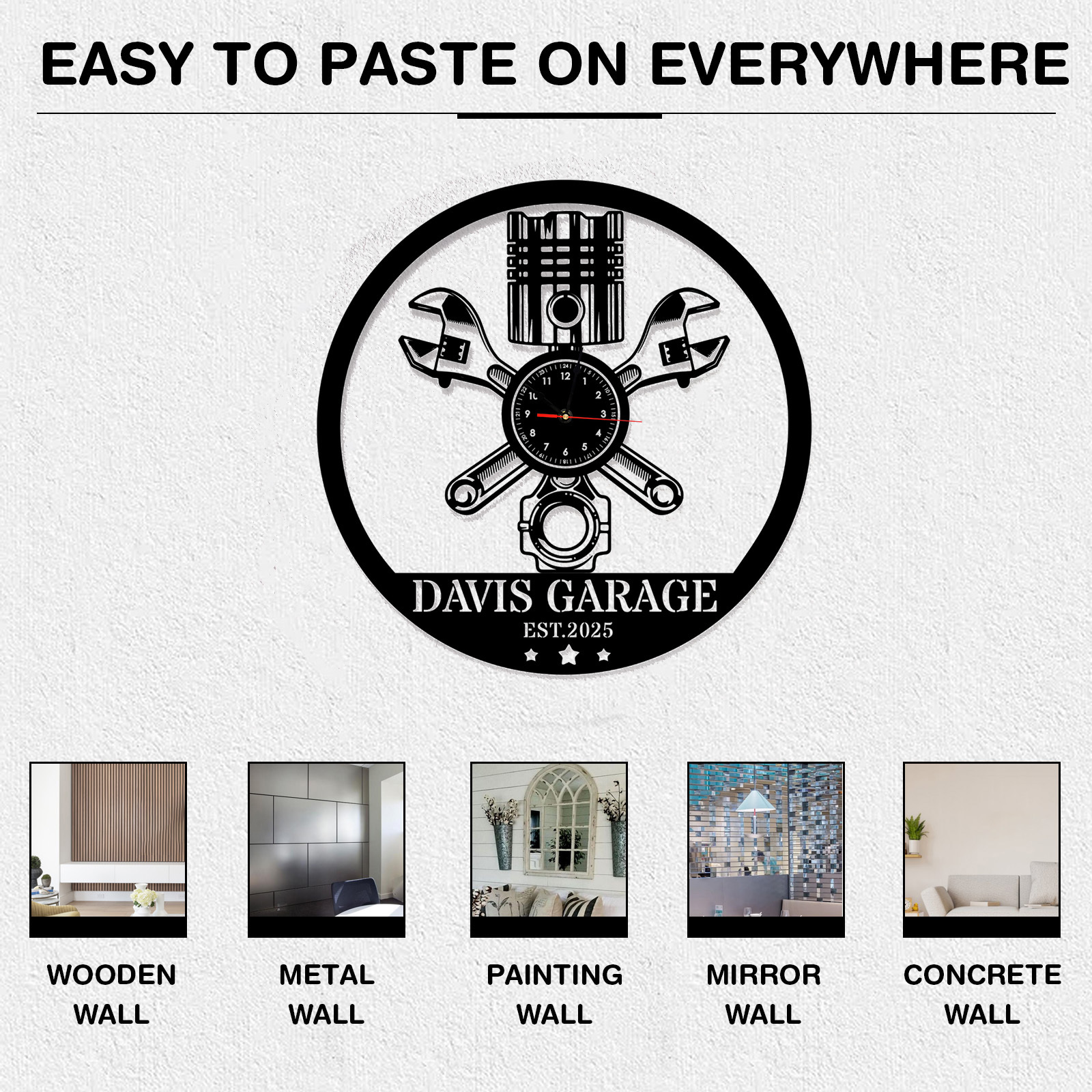 Personalized Garage Metal Wall Clock with Custom Name and EST Year, Mechanic Piston and Wrench Design, Silent Industrial Workshop Decor