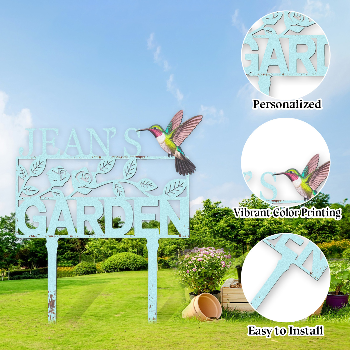 Personalized Garden Sign with Hummingbird and Flowers, Custom Metal Name Sign, Vintage Blue Garden Stake for Yard Decor, Floral Garden Name Plaque for Outside