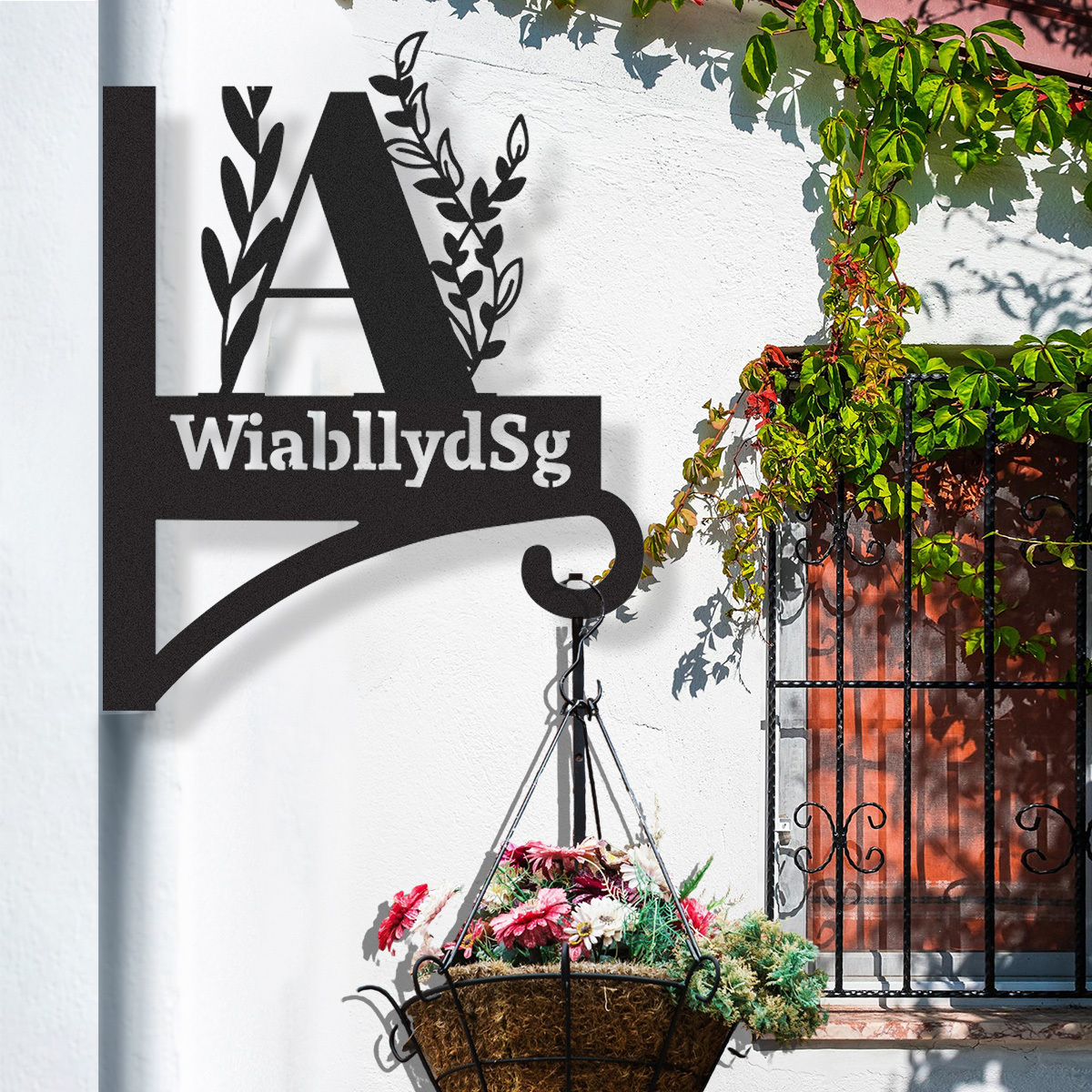 Personalized Monogram Wall Plant Hanger, Custom Metal Initial Letter Hook with Leaves Design, Outdoor Indoor Decorative Bracket with Custom Name