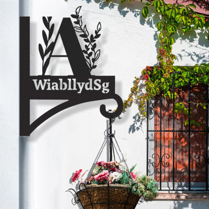 Personalized Monogram Wall Plant Hanger, Custom Metal Initial Letter Hook with Leaves Design, Outdoor Indoor Decorative Bracket with Custom Name