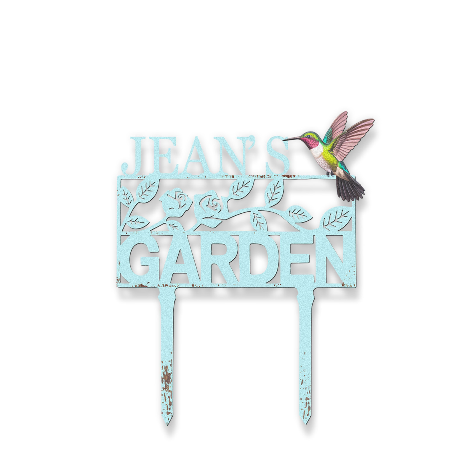Personalized Garden Sign with Hummingbird and Flowers, Custom Metal Name Sign, Vintage Blue Garden Stake for Yard Decor, Floral Garden Name Plaque for Outside