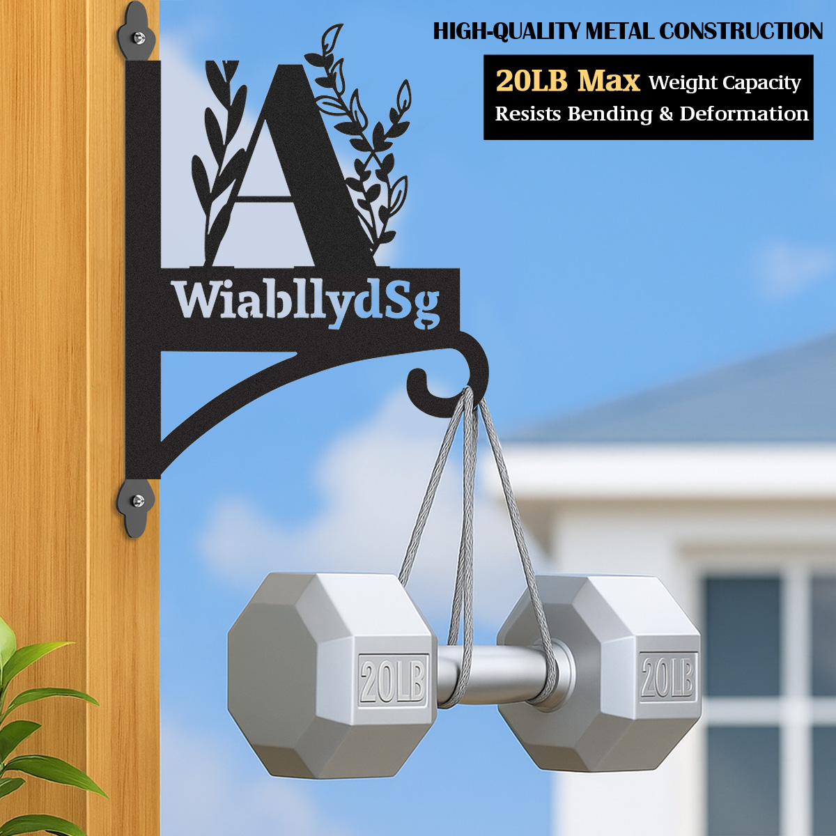 Personalized Monogram Wall Plant Hanger, Custom Metal Initial Letter Hook with Leaves Design, Outdoor Indoor Decorative Bracket with Custom Name