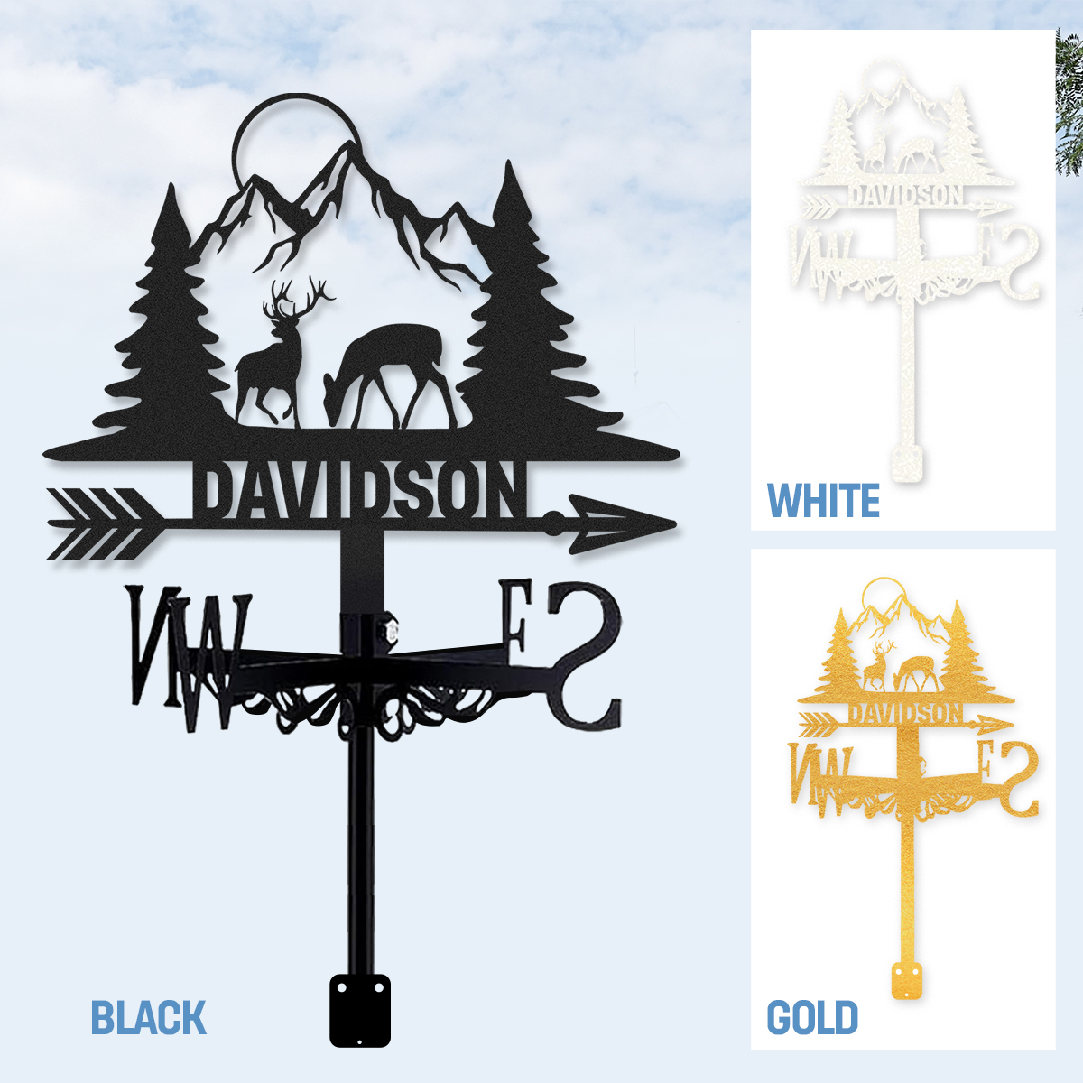 Personalized Deer Mountain Metal Weather Vane with Custom Family Name, Rustic Hunting Lodge Roof Wind Direction Indicator Outdoor Decor
