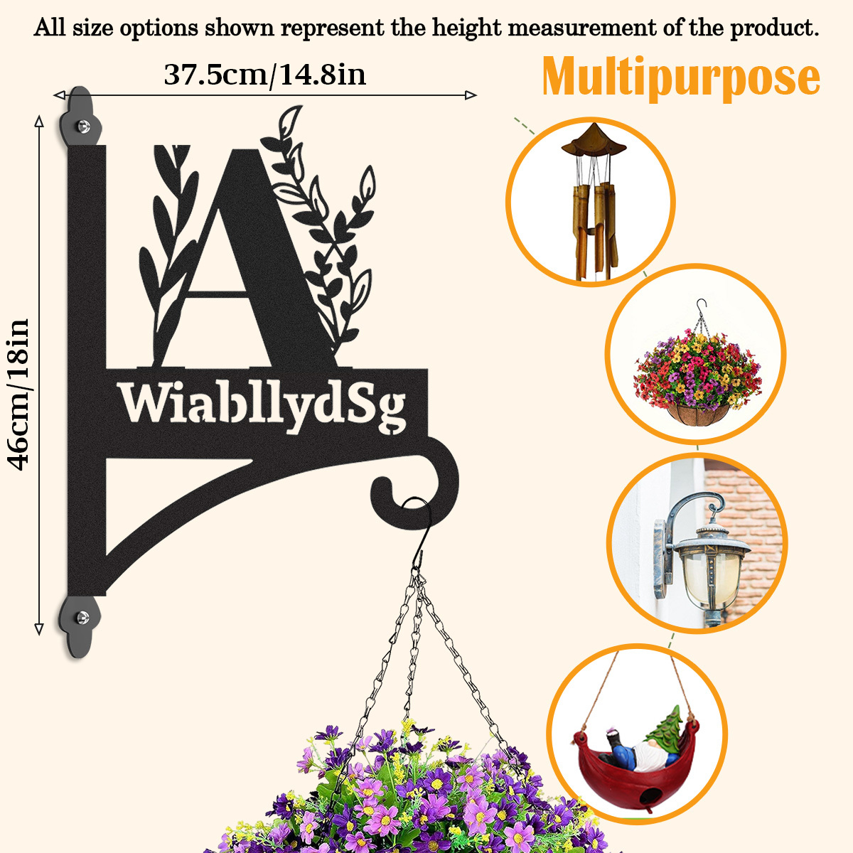 Personalized Monogram Wall Plant Hanger, Custom Metal Initial Letter Hook with Leaves Design, Outdoor Indoor Decorative Bracket with Custom Name