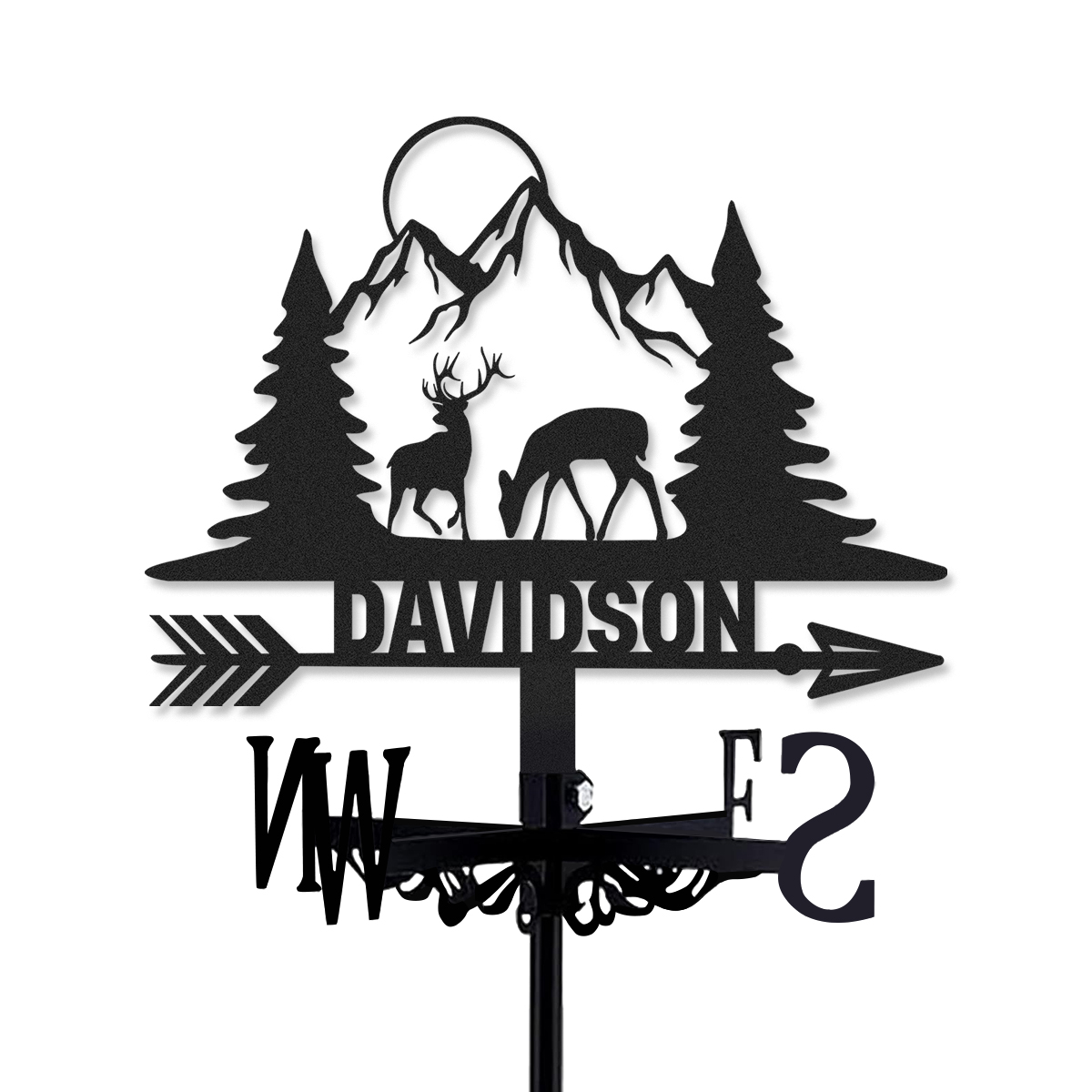 Personalized Deer Mountain Metal Weather Vane with Custom Family Name, Rustic Hunting Lodge Roof Wind Direction Indicator Outdoor Decor