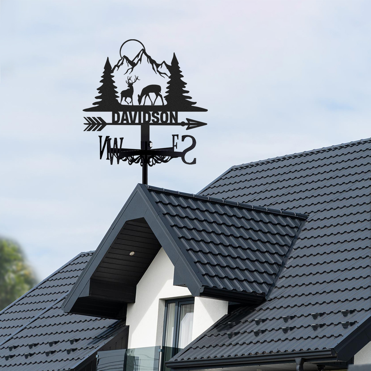 Personalized Deer Mountain Metal Weather Vane with Custom Family Name, Rustic Hunting Lodge Roof Wind Direction Indicator Outdoor Decor