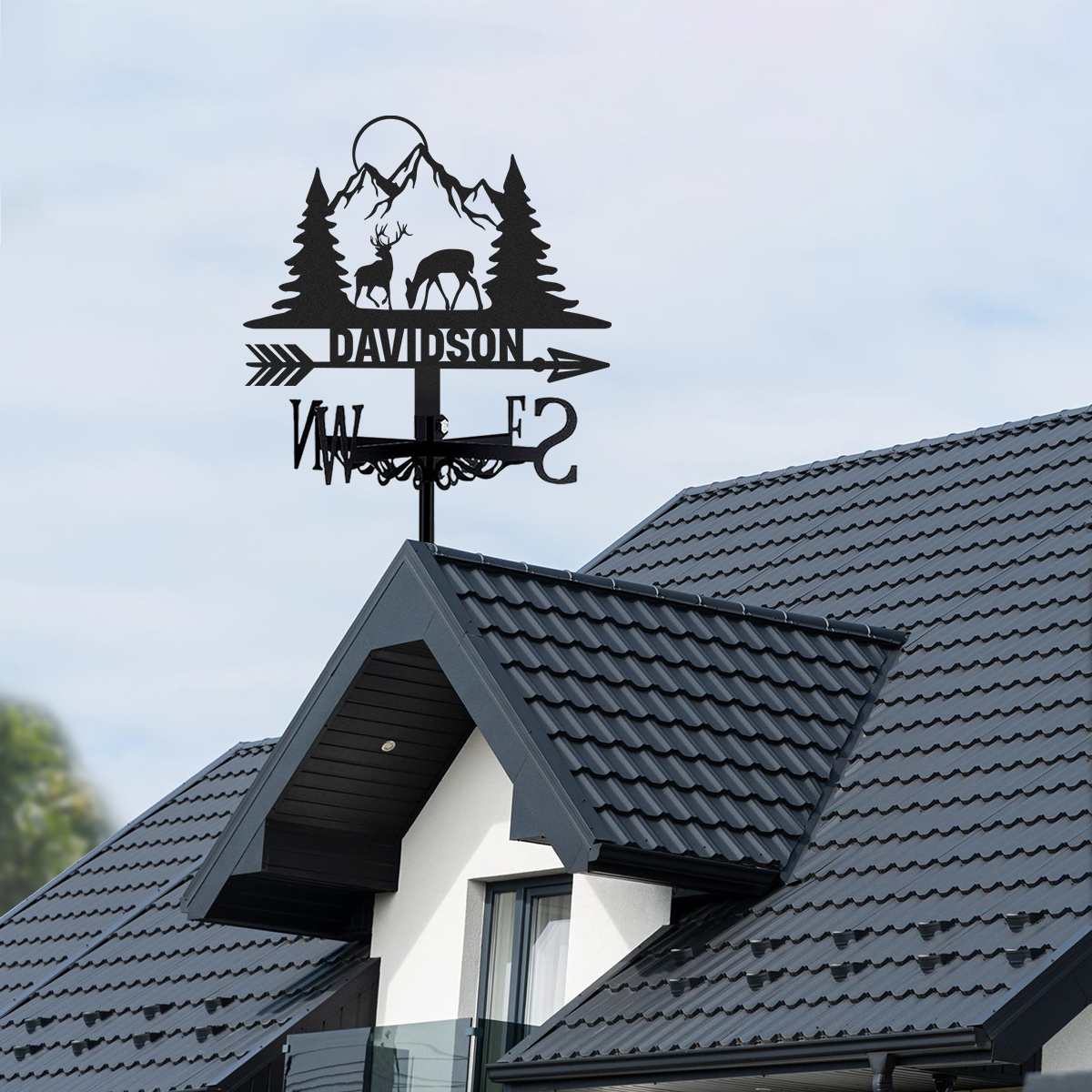 Personalized Deer Mountain Metal Weather Vane with Custom Family Name, Rustic Hunting Lodge Roof Wind Direction Indicator Outdoor Decor