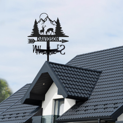 Personalized Deer Mountain Metal Weather Vane with Custom Family Name, Rustic Hunting Lodge Roof Wind Direction Indicator Outdoor Decor