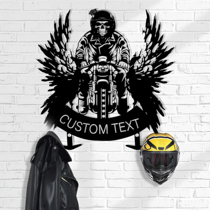 Custom Skeleton Motorcycle Helmet Holder, Personalized Metal Wall Mount with Hooks, Skull Rider Biker Wall Art Rack for Helmet, Jacket, Gear