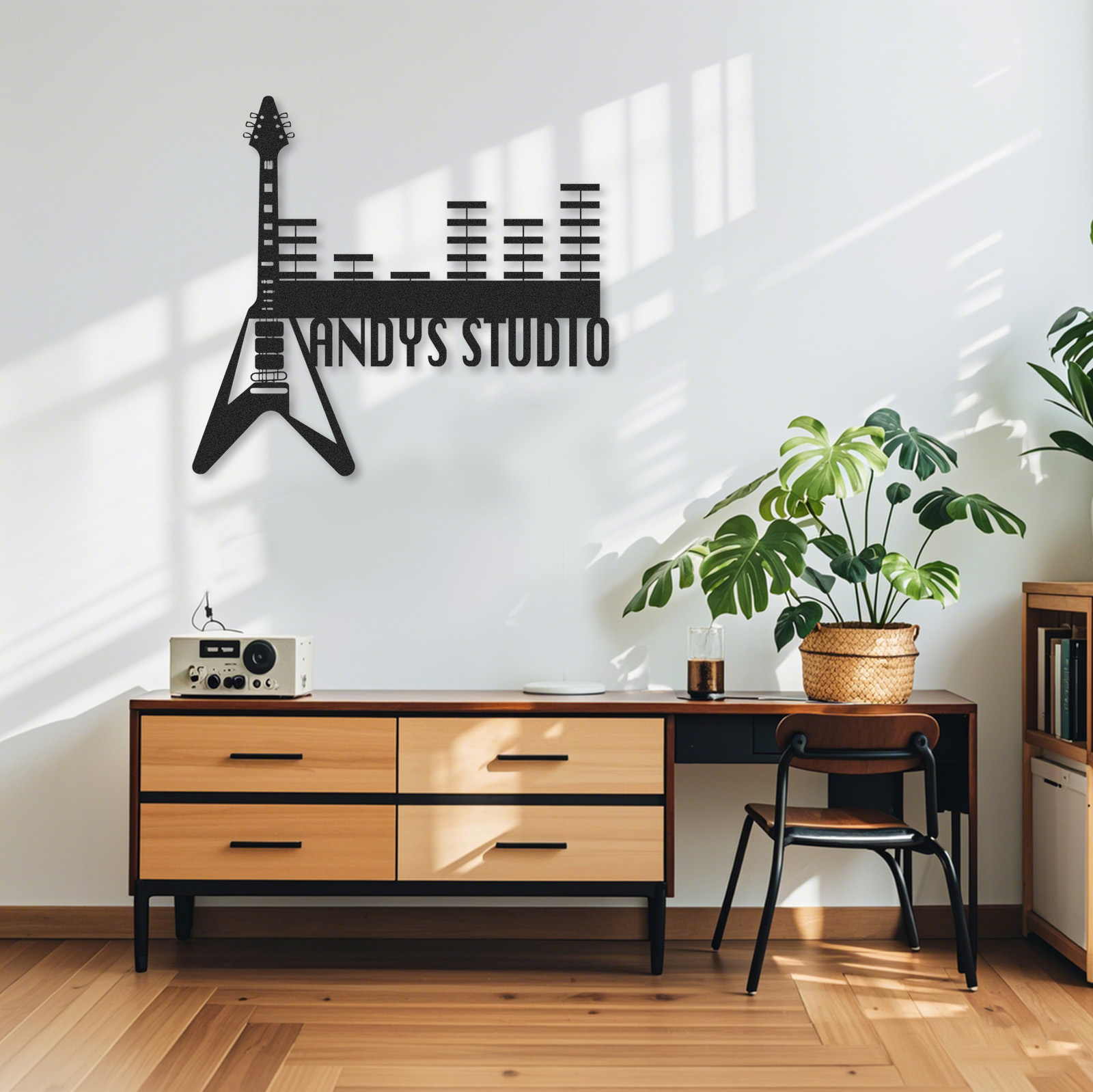 Personalized Guitar Studio Metal Sign, Custom Music Wall Art with Equalizer Bars, Rock Music Room Decor Gift