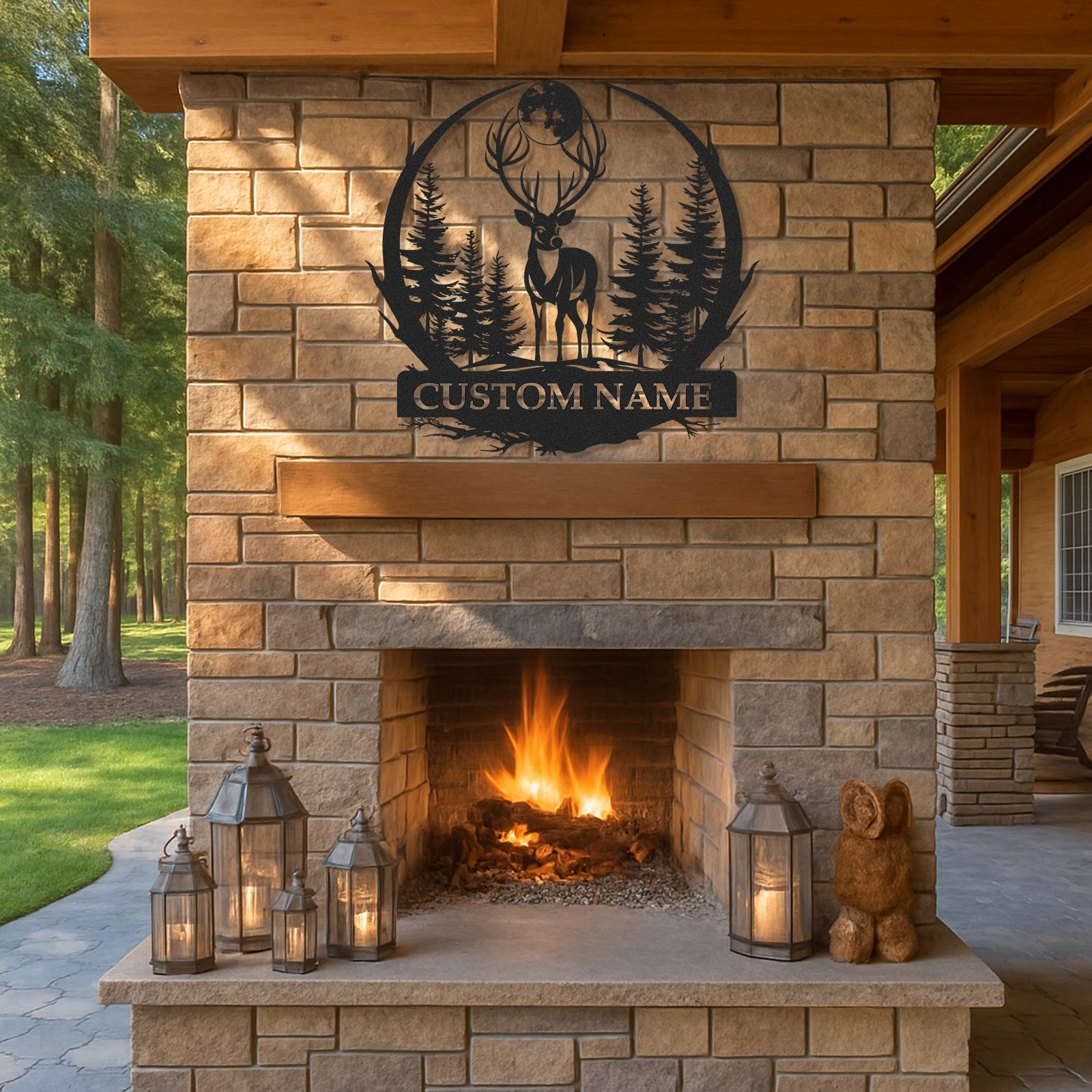 Personalized Deer Metal Cabin Sign, Custom Name Sign for Hunters, Moonlight Forest Scene Wall Art