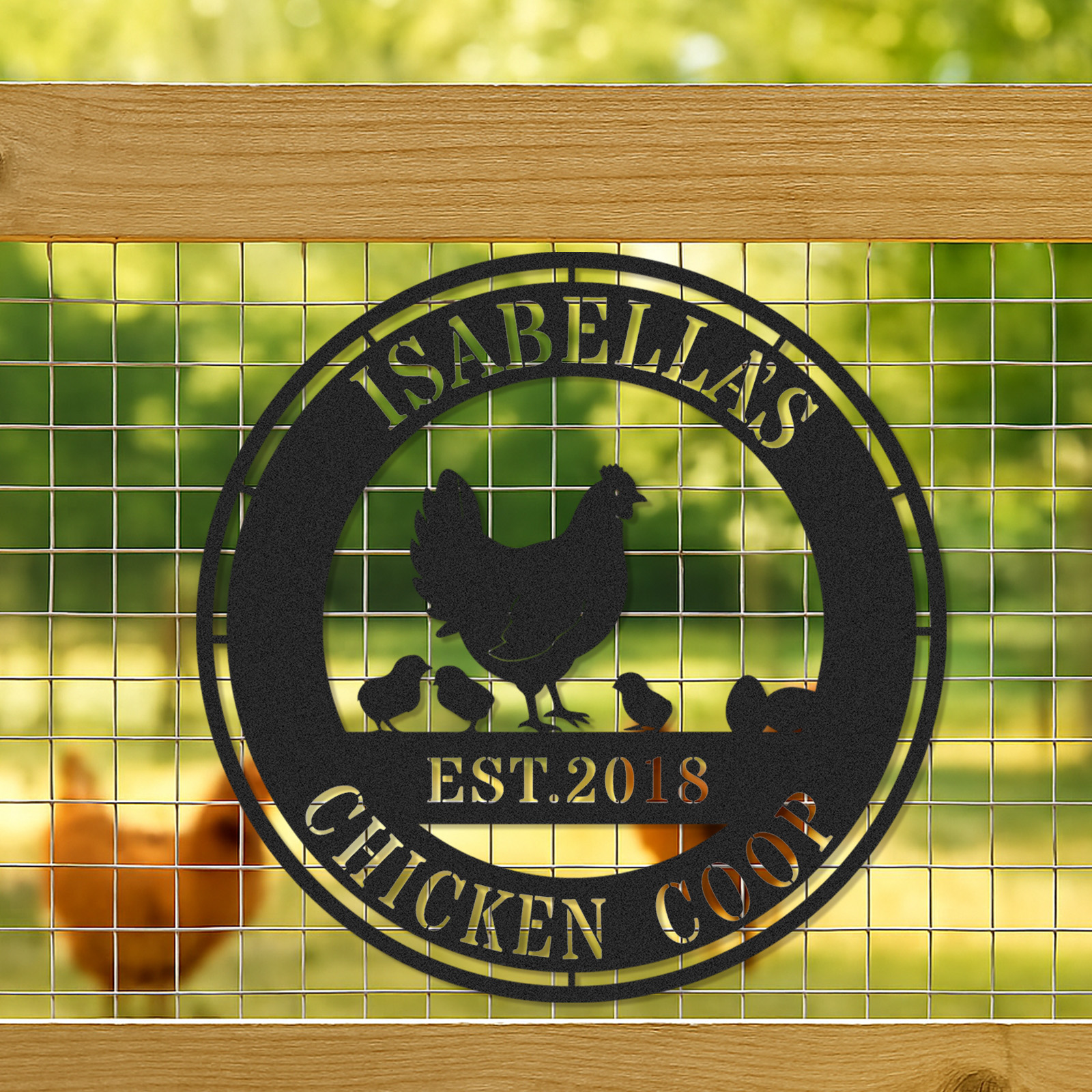 Custom Chicken Coop Sign with Hen and Chicks, Personalized Round Metal Farm Decor, Gift for Chicken Owners