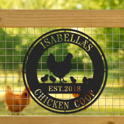 Custom Chicken Coop Sign with Hen and Chicks, Personalized Round Metal Farm Decor, Gift for Chicken Owners