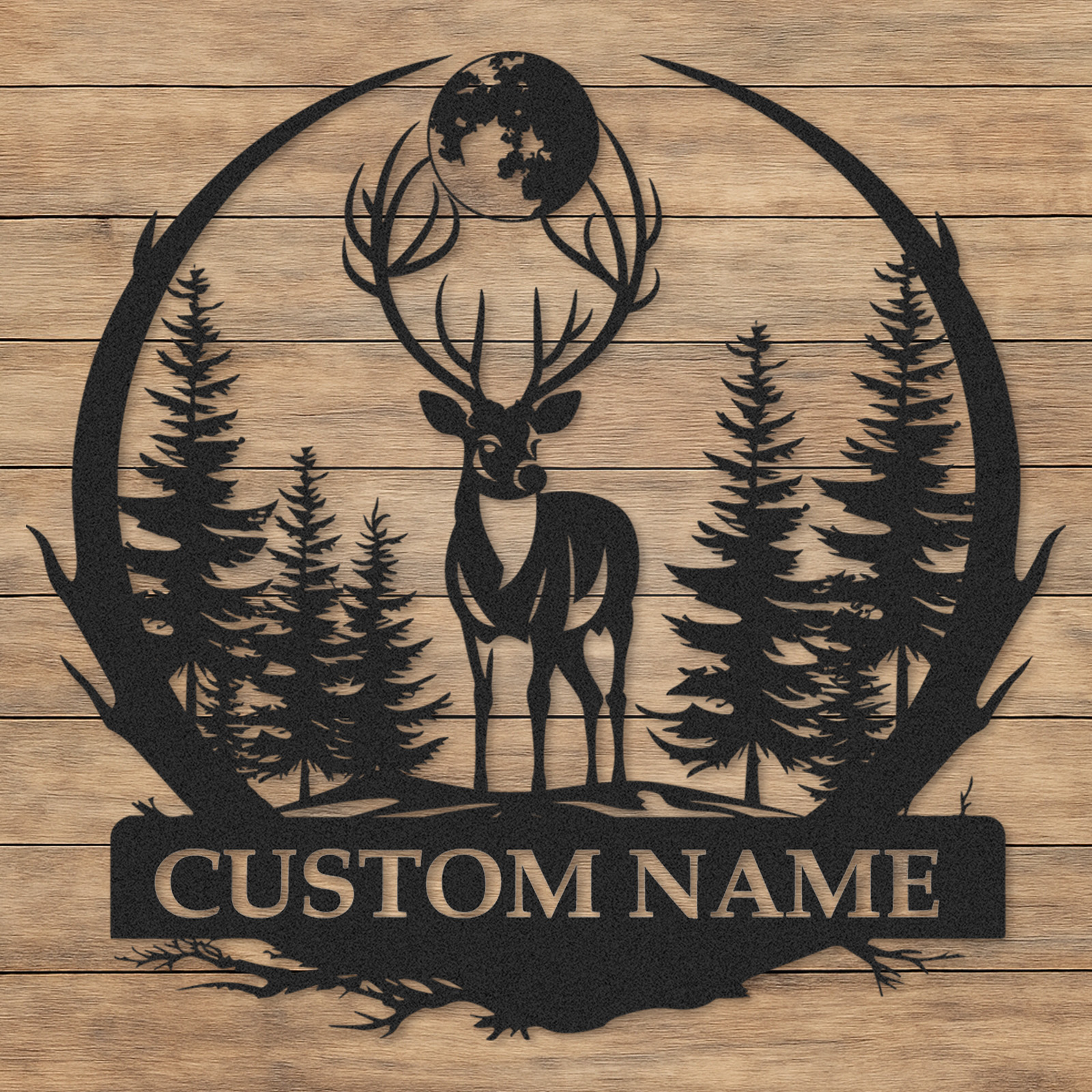 Personalized Deer Metal Cabin Sign, Custom Name Sign for Hunters, Moonlight Forest Scene Wall Art