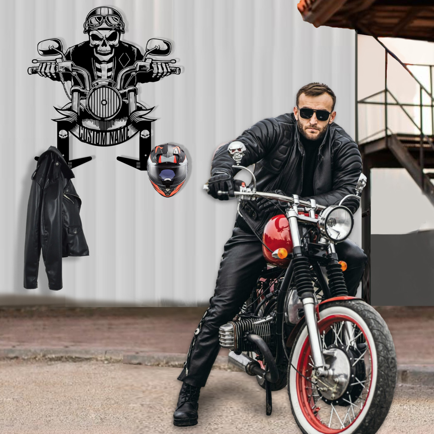 Personalized Skeleton Rider Motorcycle Helmet Holder with Hooks, Custom Name Skull Helmet Rack Wall Mount, Biker Gift for Garage Decor, Jacket Coat Organizer