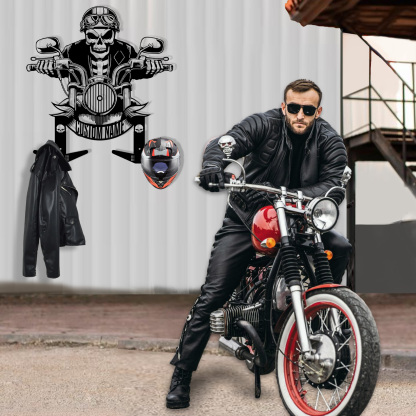 Personalized Skeleton Rider Motorcycle Helmet Holder with Hooks, Custom Name Skull Helmet Rack Wall Mount, Biker Gift for Garage Decor, Jacket Coat Organizer