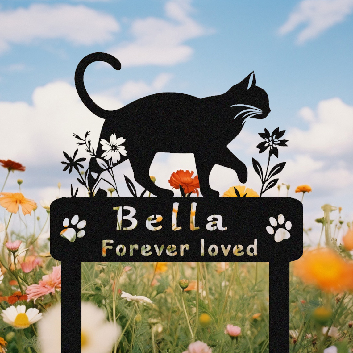 [Copy]Personalized Metal Cat Grave Marker,Cat Memorial Stake with Flowers,Custom Cat Cemetery Stake