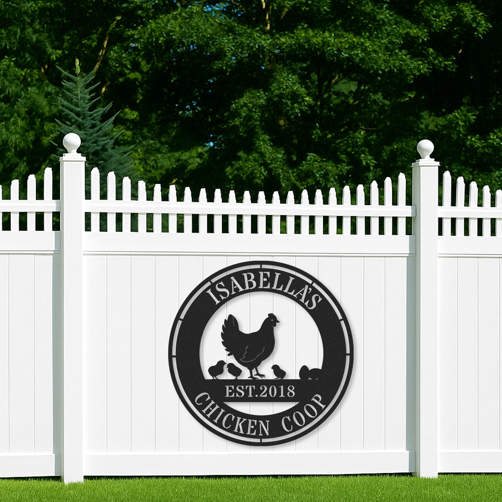 Custom Chicken Coop Sign with Hen and Chicks, Personalized Round Metal Farm Decor, Gift for Chicken Owners