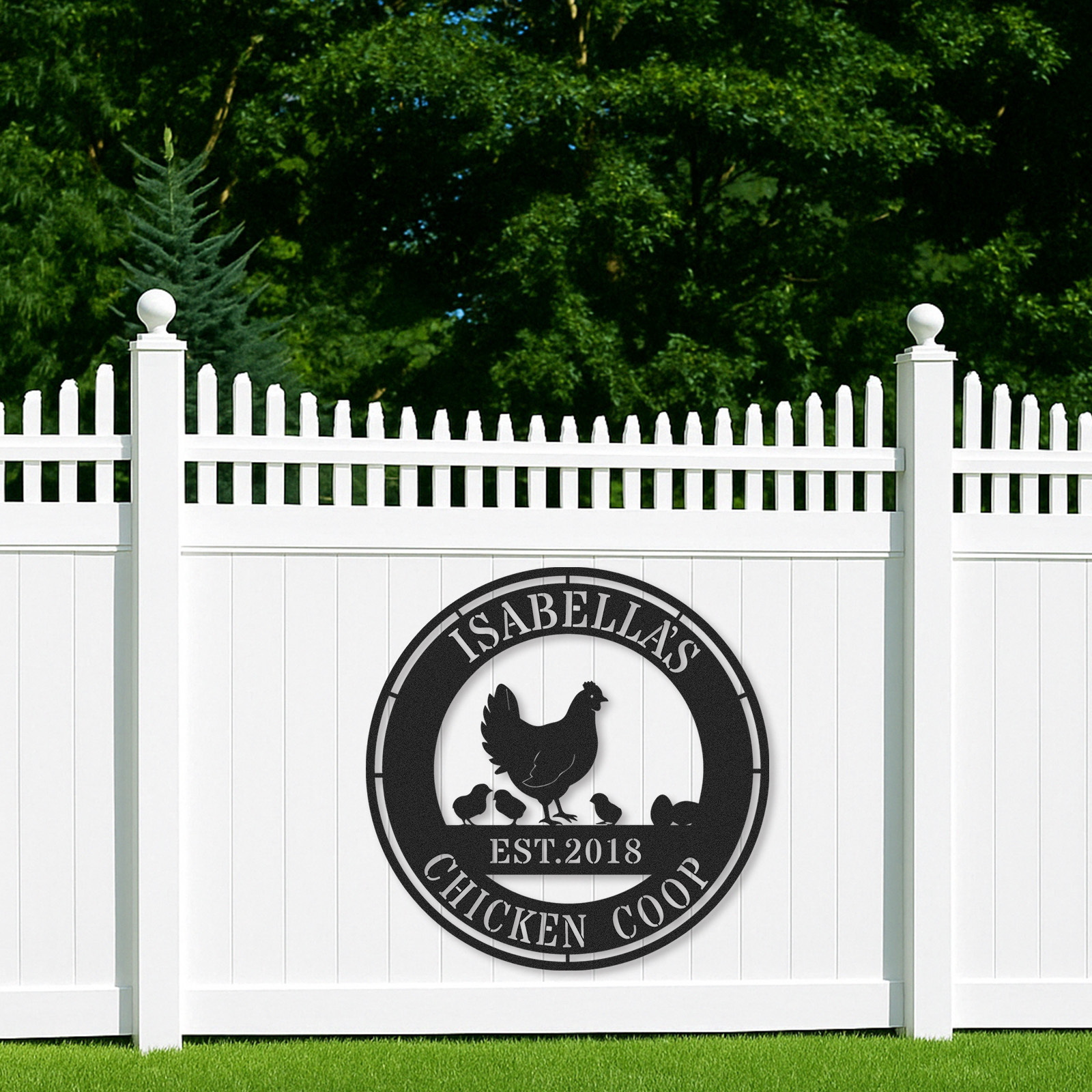 Custom Chicken Coop Sign with Hen and Chicks, Personalized Round Metal Farm Decor, Gift for Chicken Owners