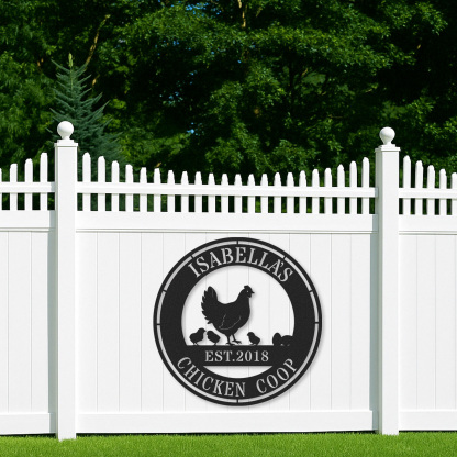 Custom Chicken Coop Sign with Hen and Chicks, Personalized Round Metal Farm Decor, Gift for Chicken Owners