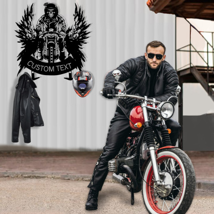 Custom Skeleton Motorcycle Helmet Holder, Personalized Metal Wall Mount with Hooks, Skull Rider Biker Wall Art Rack for Helmet, Jacket, Gear