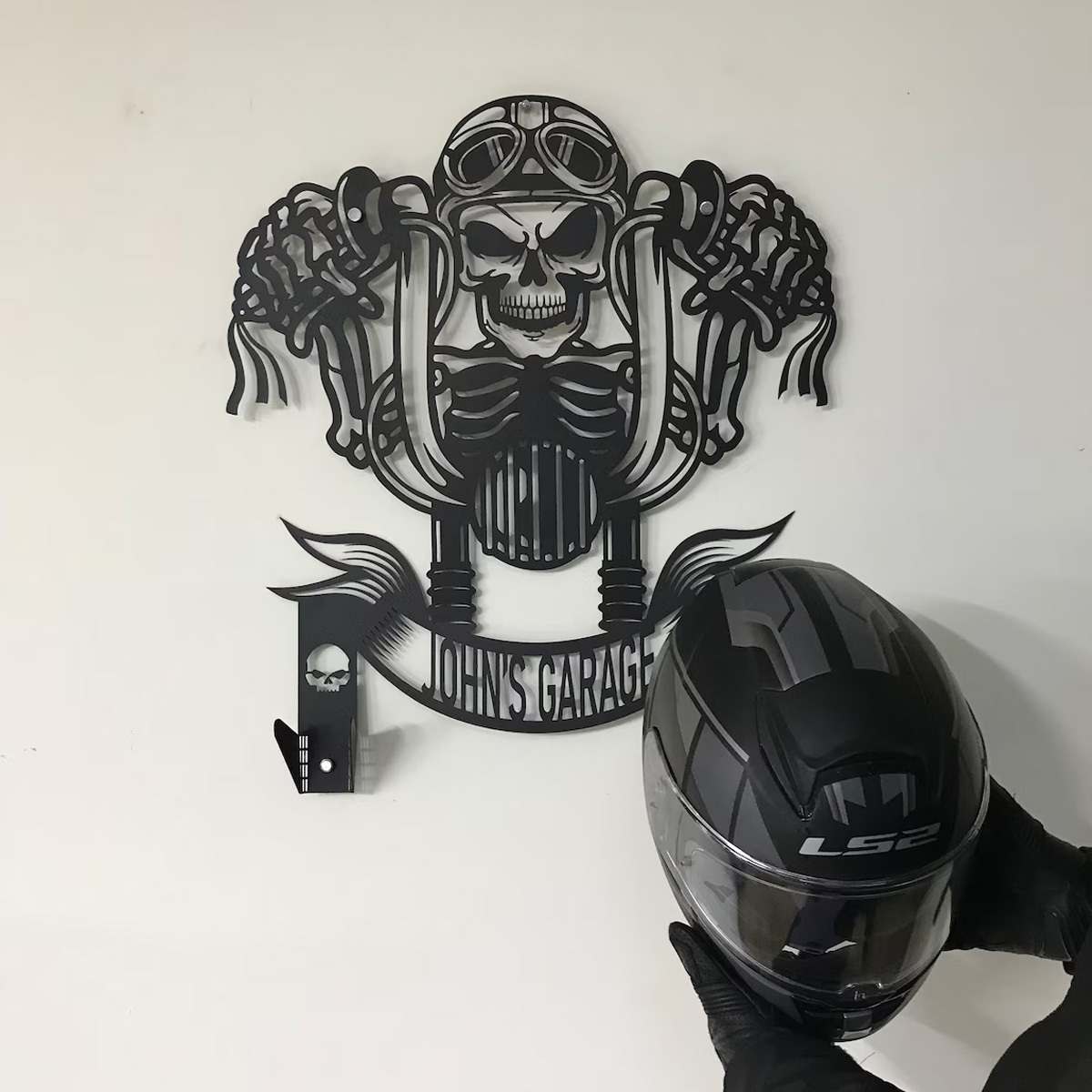 Custom Metal Motorcycle Sign Helmet Holder, outstanding, skull motorcycle jacket holder, bike helmet