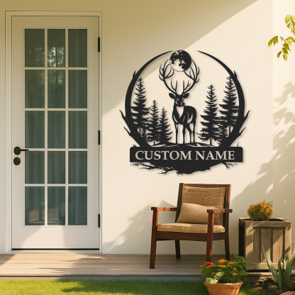 Personalized Deer Metal Cabin Sign, Custom Name Sign for Hunters, Moonlight Forest Scene Wall Art