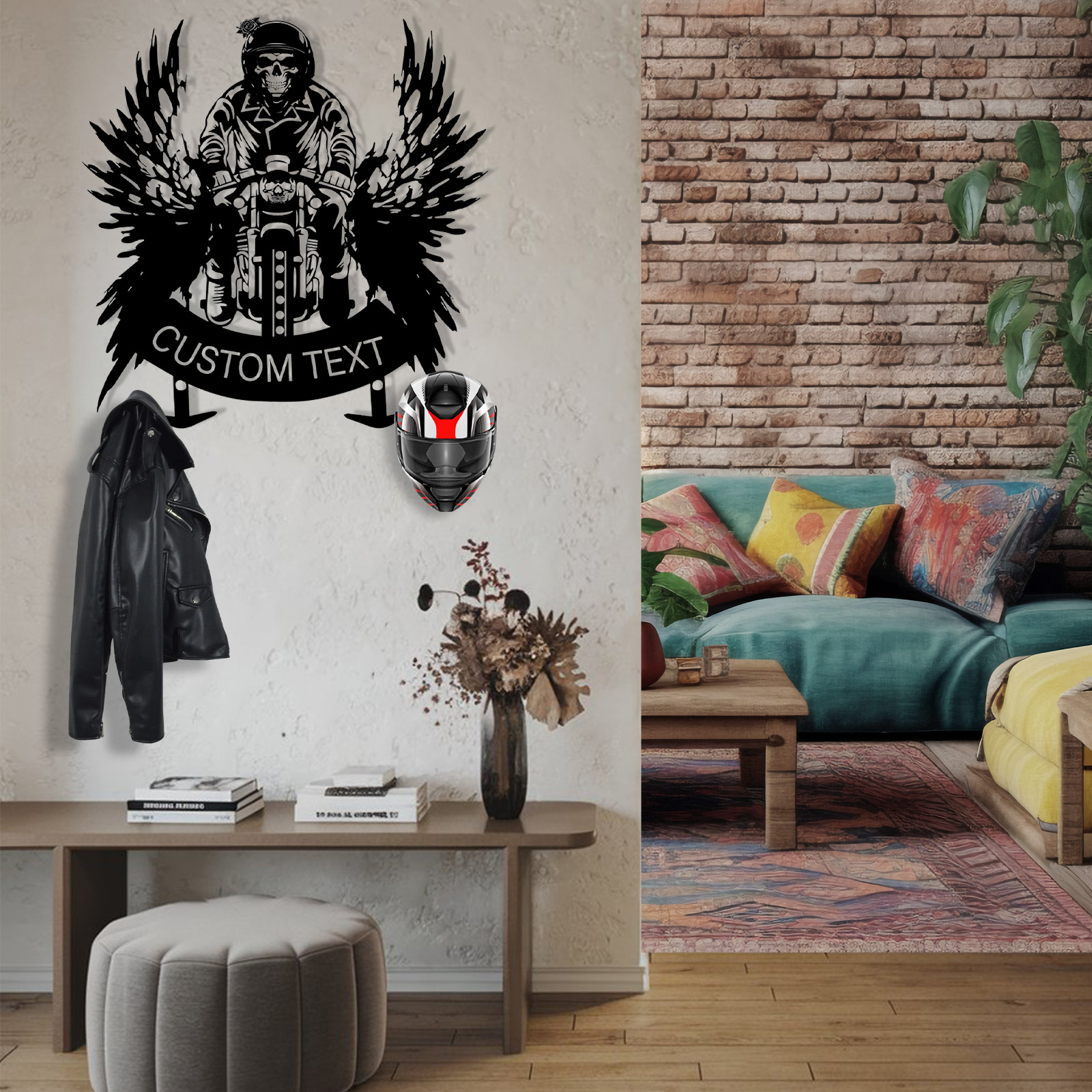 Custom Skeleton Motorcycle Helmet Holder, Personalized Metal Wall Mount with Hooks, Skull Rider Biker Wall Art Rack for Helmet, Jacket, Gear