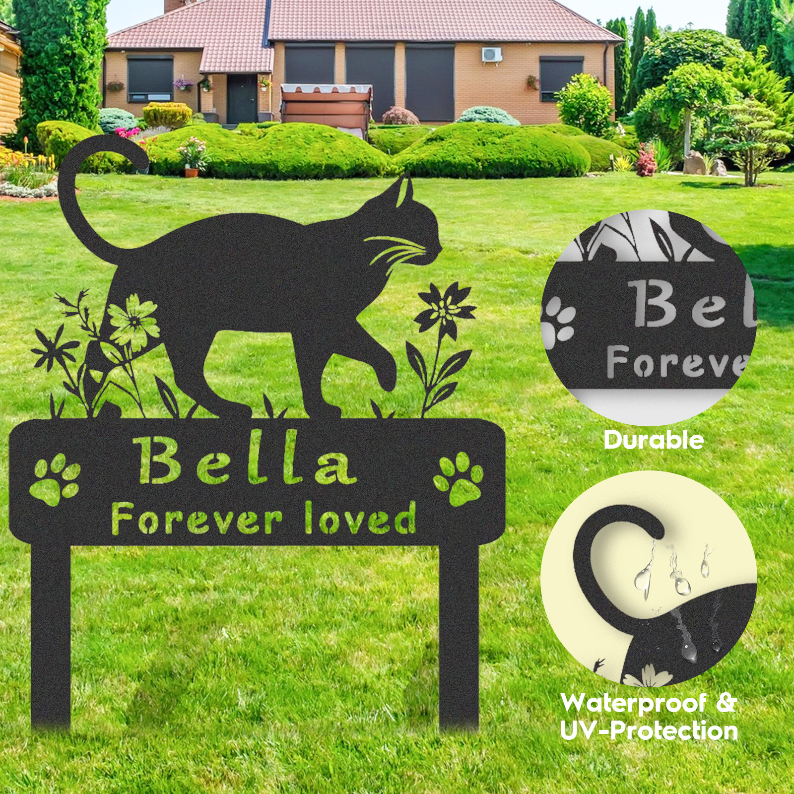 [Copy]Personalized Metal Cat Grave Marker,Cat Memorial Stake with Flowers,Custom Cat Cemetery Stake
