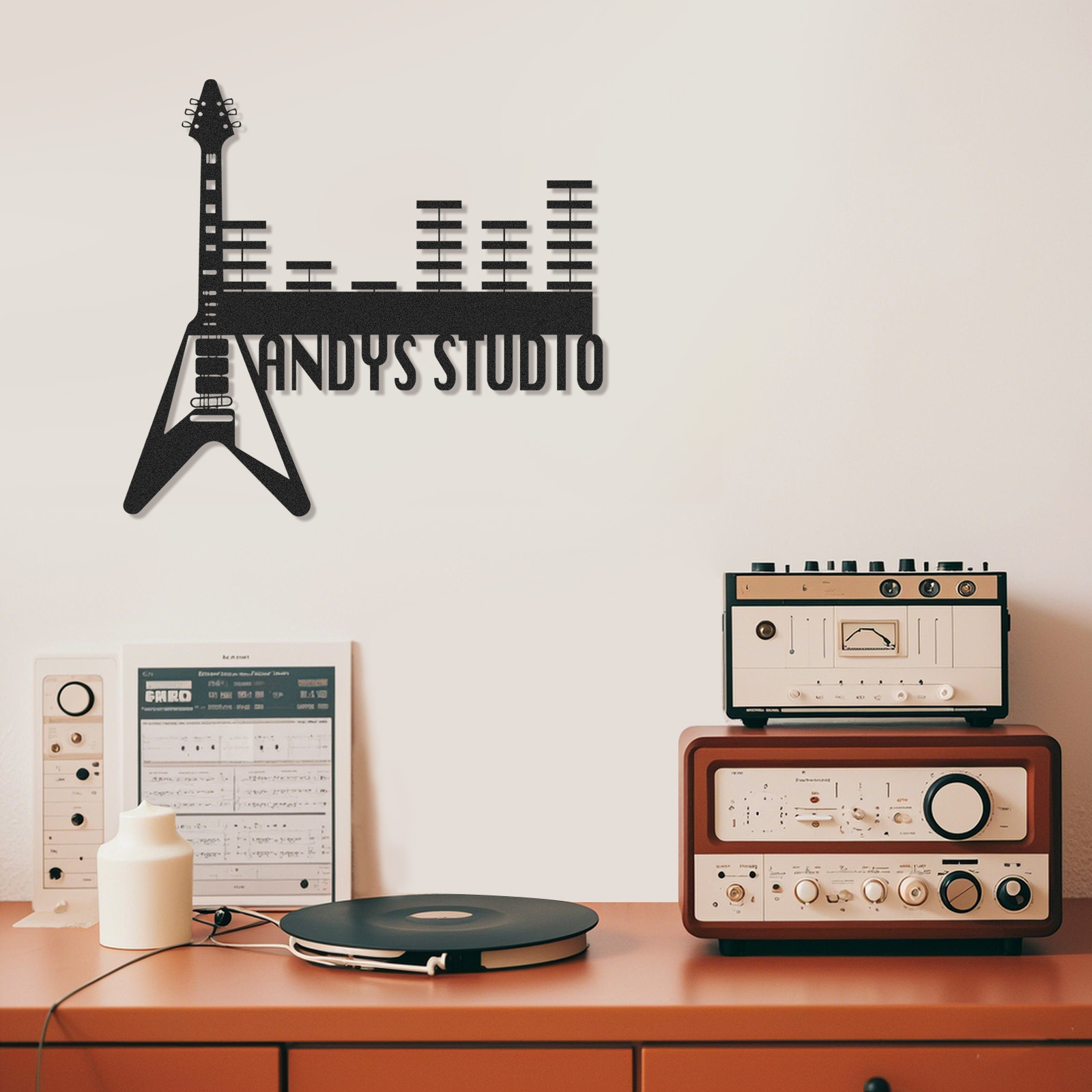 Personalized Guitar Studio Metal Sign, Custom Music Wall Art with Equalizer Bars, Rock Music Room Decor Gift