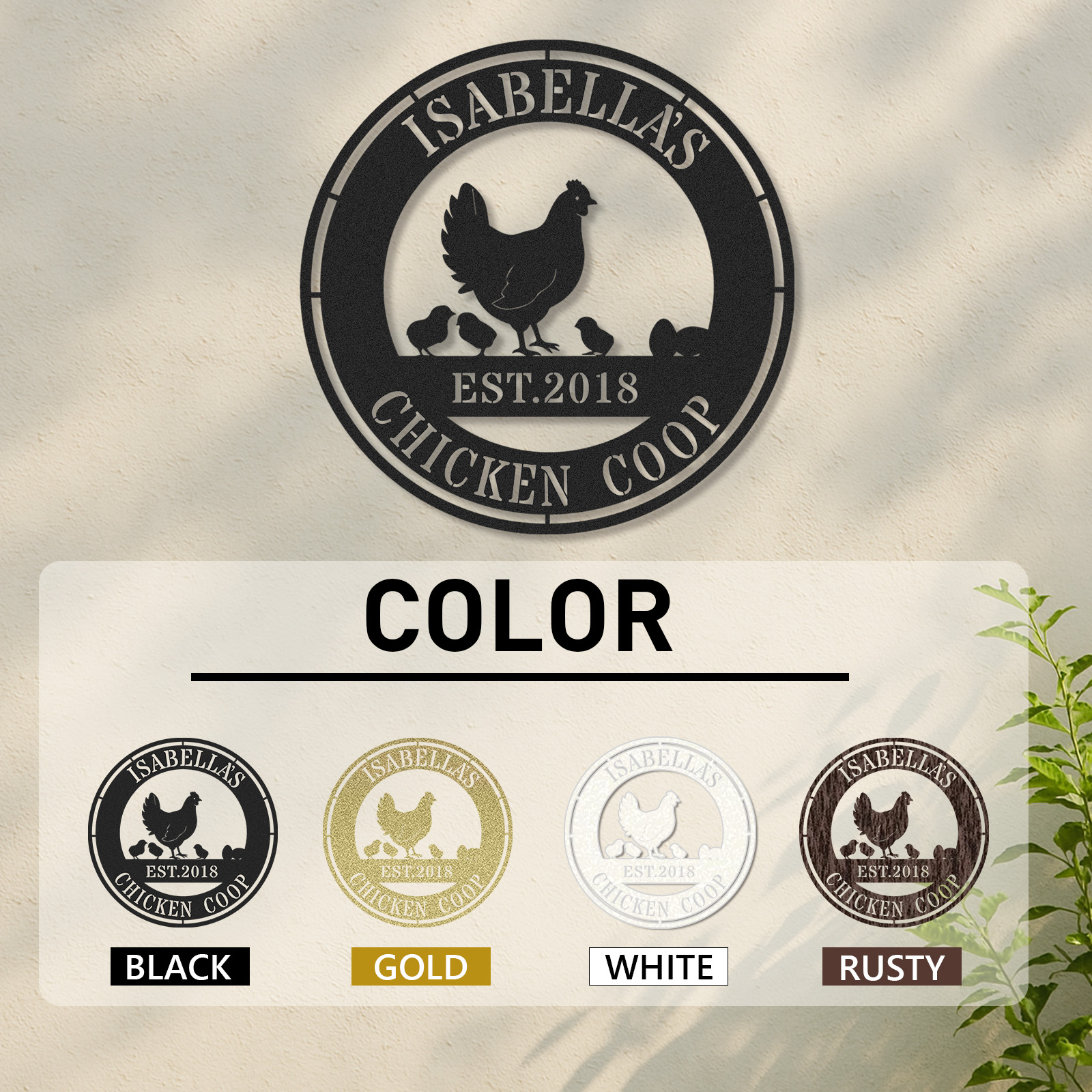 Custom Chicken Coop Sign with Hen and Chicks, Personalized Round Metal Farm Decor, Gift for Chicken Owners