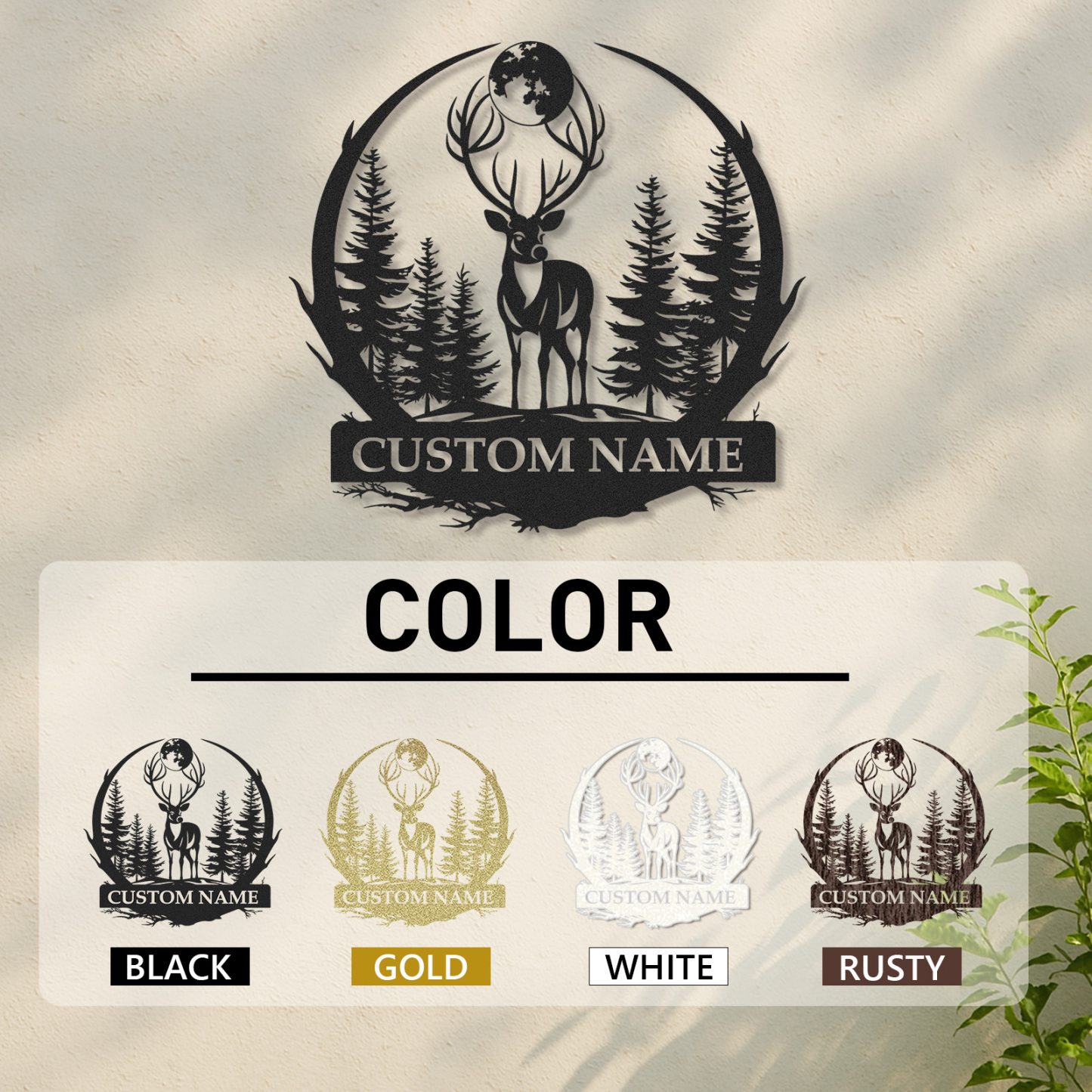 Personalized Deer Metal Cabin Sign, Custom Name Sign for Hunters, Moonlight Forest Scene Wall Art