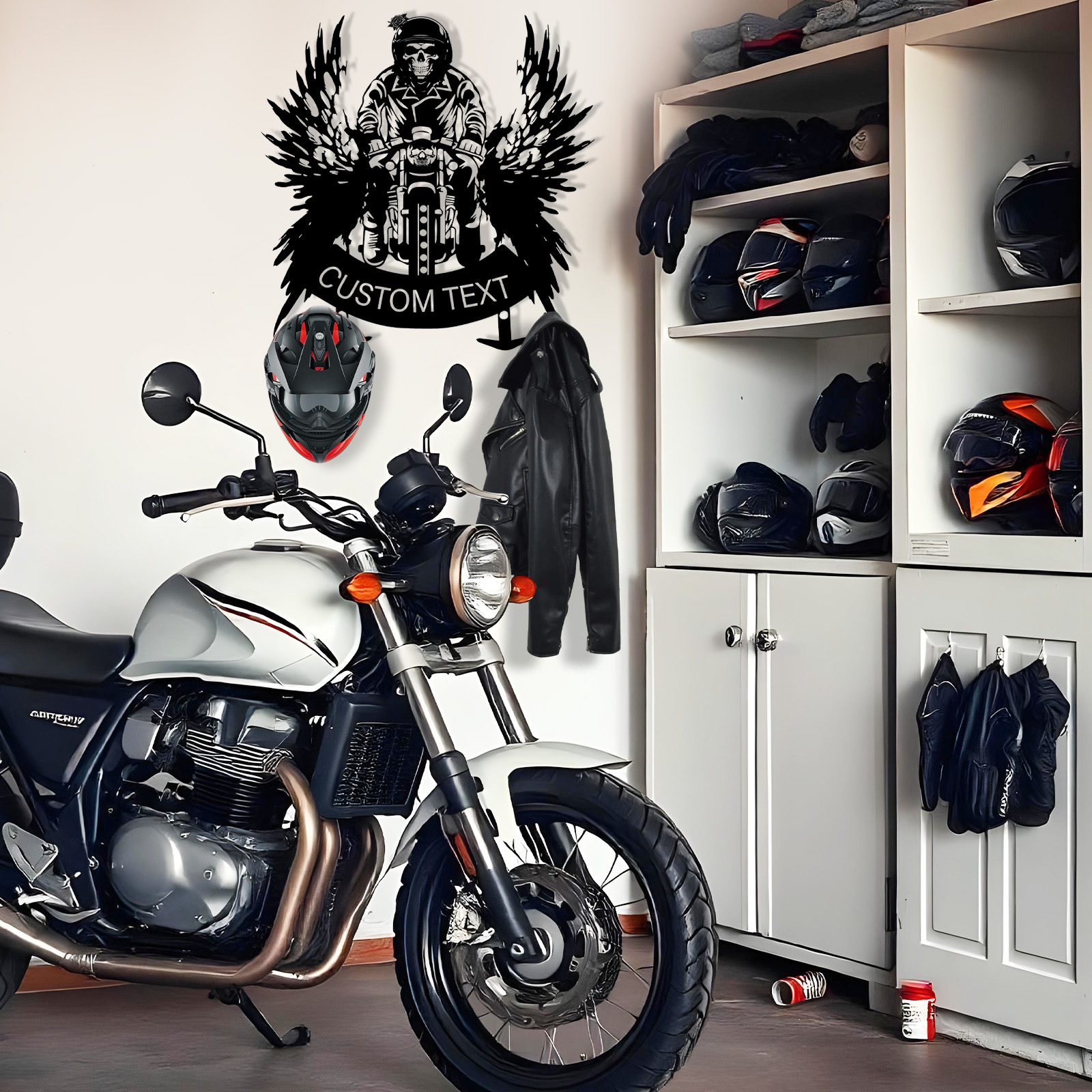 Custom Skeleton Motorcycle Helmet Holder, Personalized Metal Wall Mount with Hooks, Skull Rider Biker Wall Art Rack for Helmet, Jacket, Gear