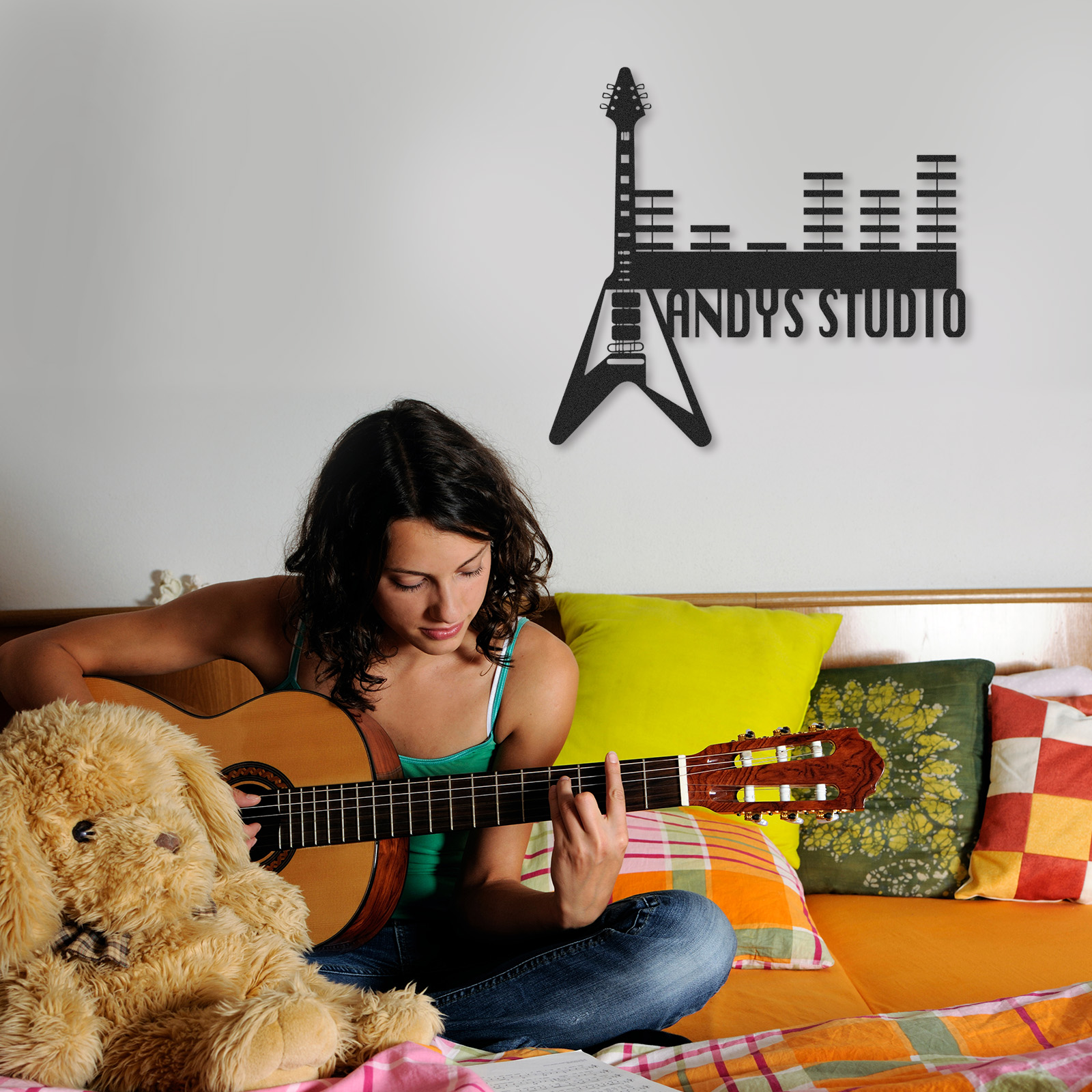 Personalized Guitar Studio Metal Sign, Custom Music Wall Art with Equalizer Bars, Rock Music Room Decor Gift