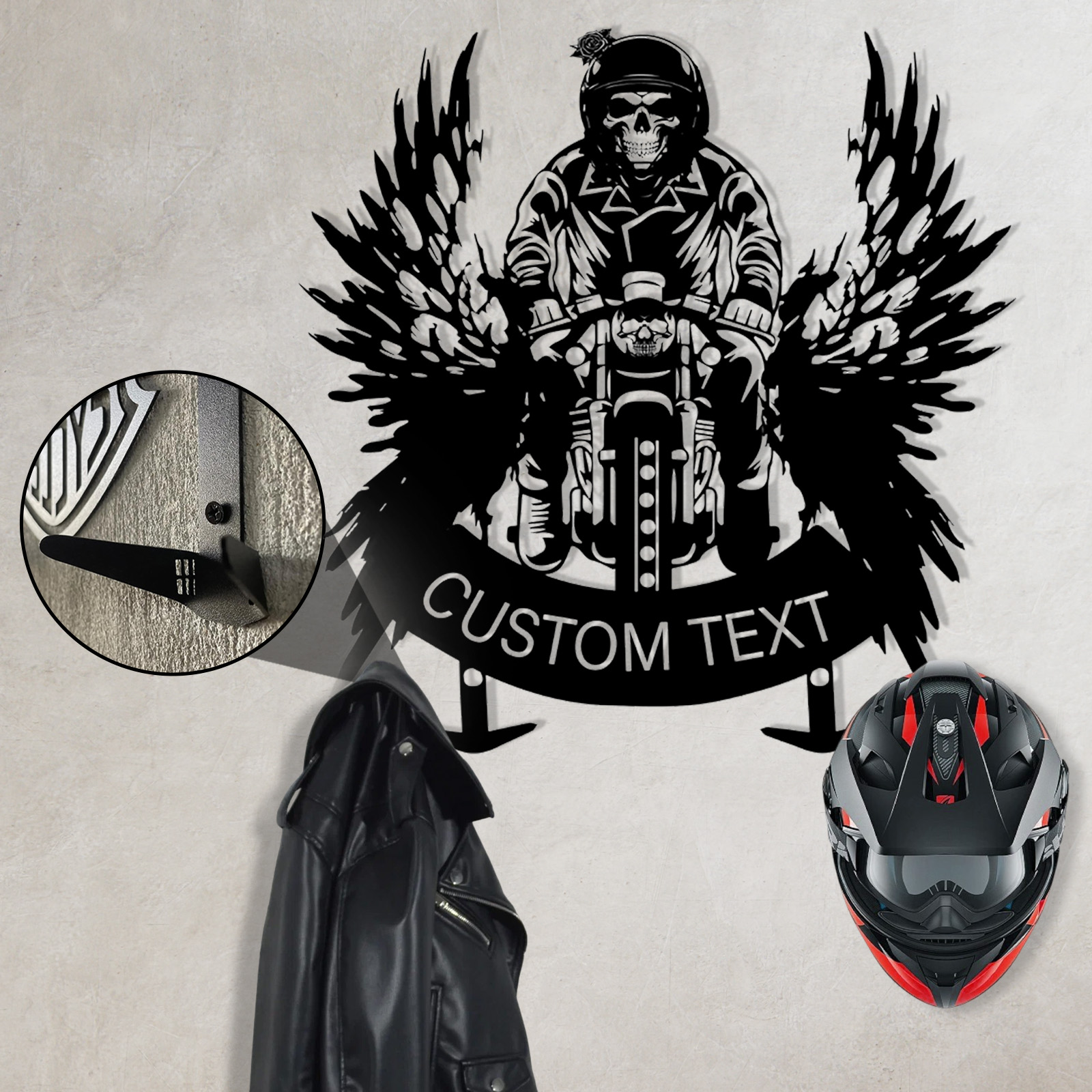 Custom Skeleton Motorcycle Helmet Holder, Personalized Metal Wall Mount with Hooks, Skull Rider Biker Wall Art Rack for Helmet, Jacket, Gear