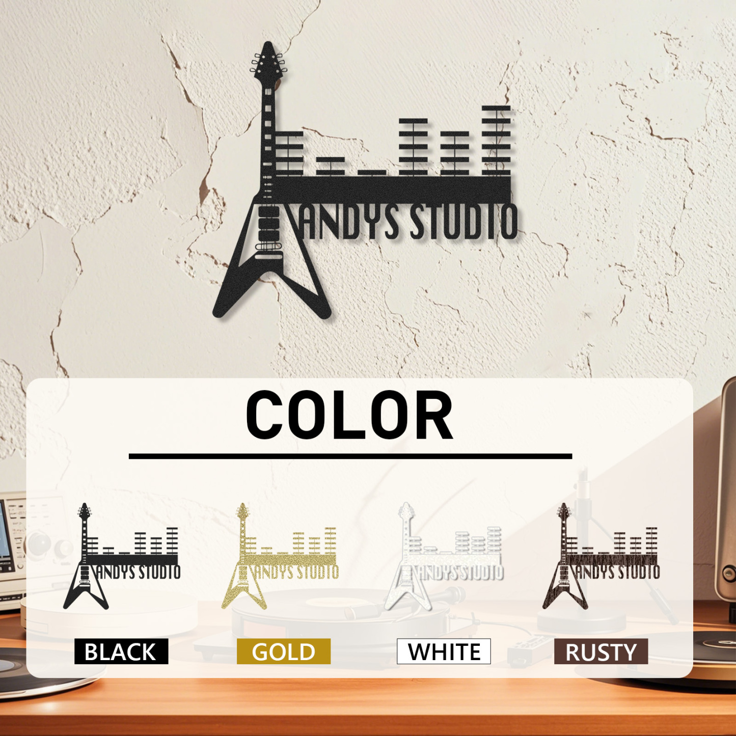 Personalized Guitar Studio Metal Sign, Custom Music Wall Art with Equalizer Bars, Rock Music Room Decor Gift