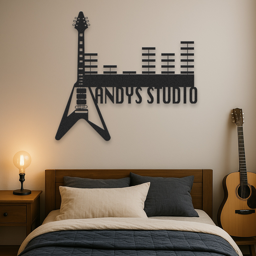 Personalized Guitar Studio Metal Sign, Custom Music Wall Art with Equalizer Bars, Rock Music Room Decor Gift