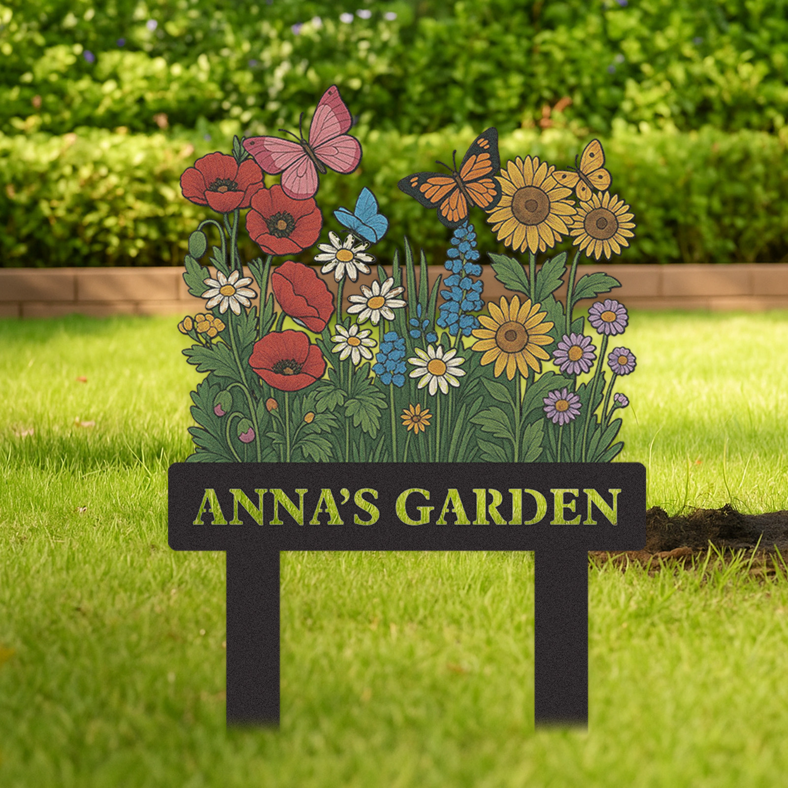 Custom Wildflower Garden Sign with Butterflies, Personalized Colorful Floral Yard Stake, Outdoor Metal Garden Decor, Custom Garden Name Sign for Women or Grandma's Garden