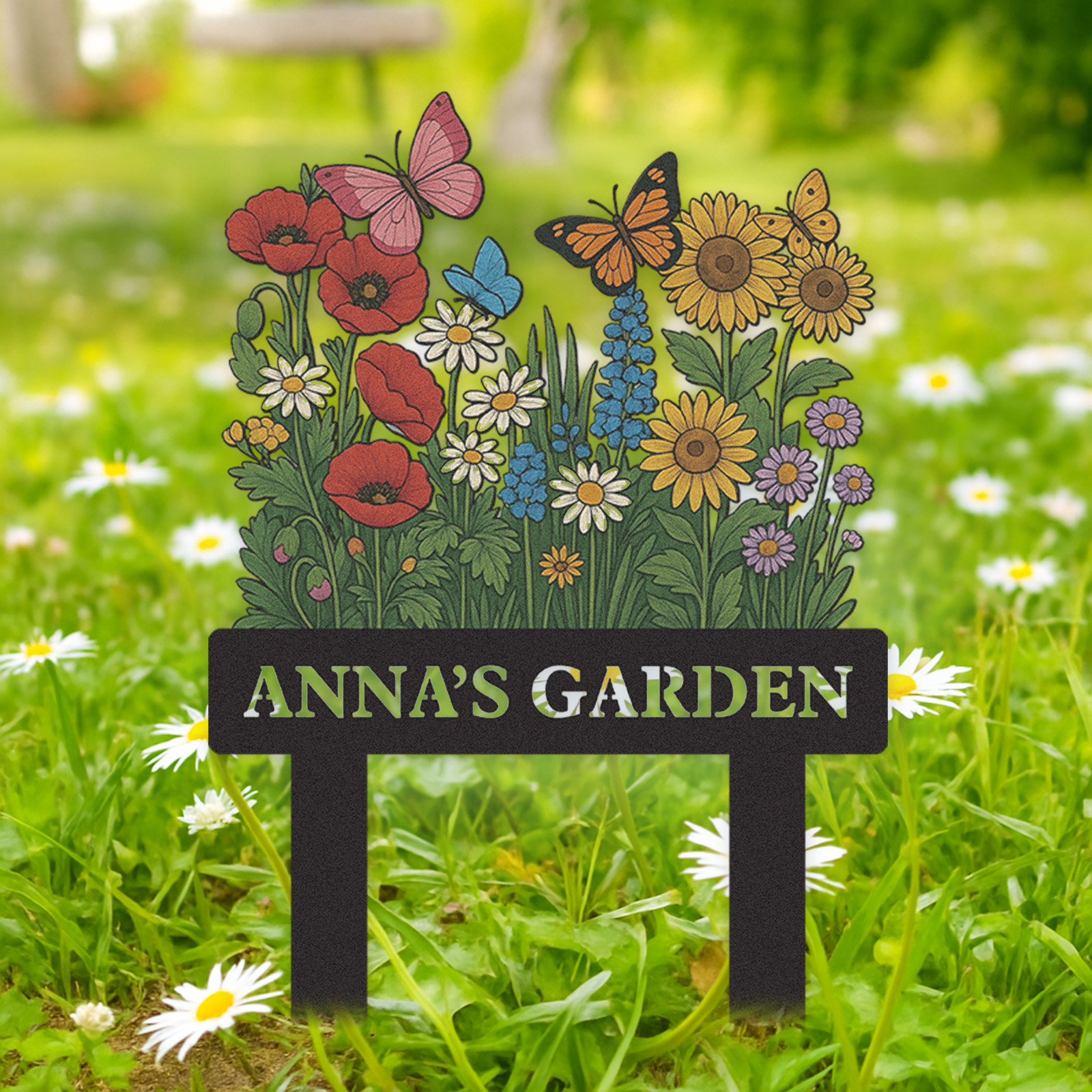 Custom Wildflower Garden Sign with Butterflies, Personalized Colorful Floral Yard Stake, Outdoor Metal Garden Decor, Custom Garden Name Sign for Women or Grandma's Garden