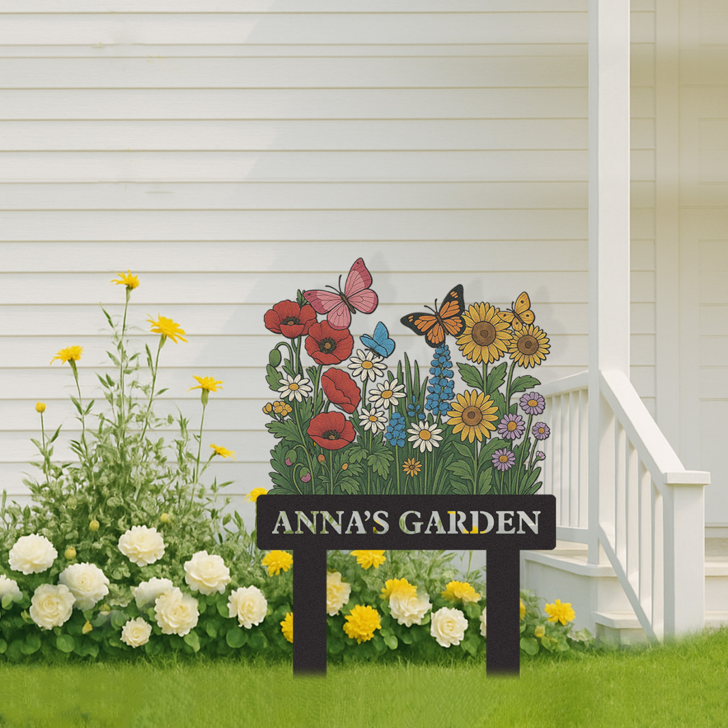 Custom Wildflower Garden Sign with Butterflies, Personalized Colorful Floral Yard Stake, Outdoor Metal Garden Decor, Custom Garden Name Sign for Women or Grandma's Garden