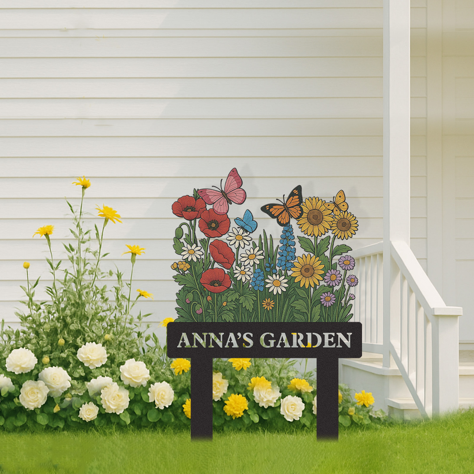 Custom Wildflower Garden Sign with Butterflies, Personalized Colorful Floral Yard Stake, Outdoor Metal Garden Decor, Custom Garden Name Sign for Women or Grandma's Garden
