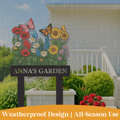 Custom Wildflower Garden Sign with Butterflies, Personalized Colorful Floral Yard Stake, Outdoor Metal Garden Decor, Custom Garden Name Sign for Women or Grandma's Garden